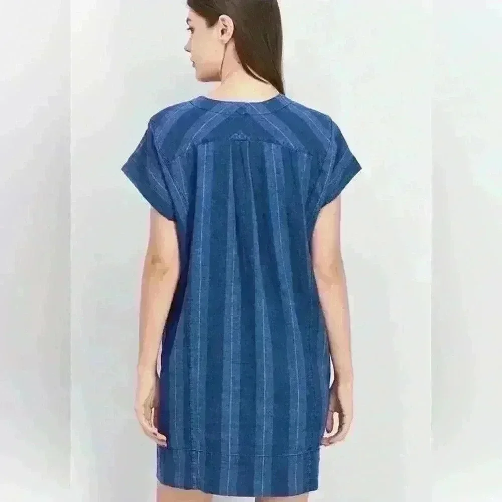 NWT Joie Blue Striped Dyer Linen Blend V-Neck Shift Tunic Dress Sz Medium - Picture 2 of 6
